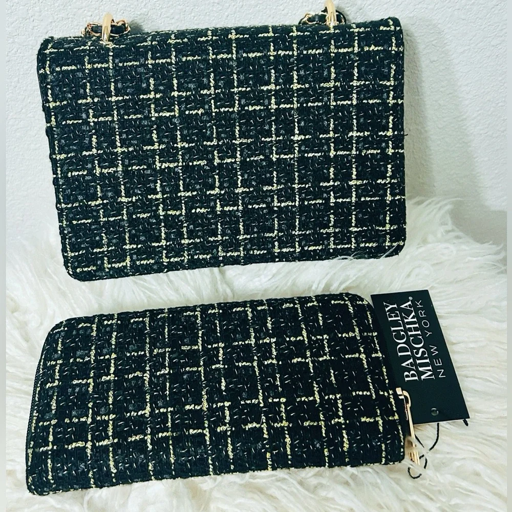 Badgley Mischka Black and Gold Tweed Bag & Wallet Matching Set NWT - Picture 3 of 9